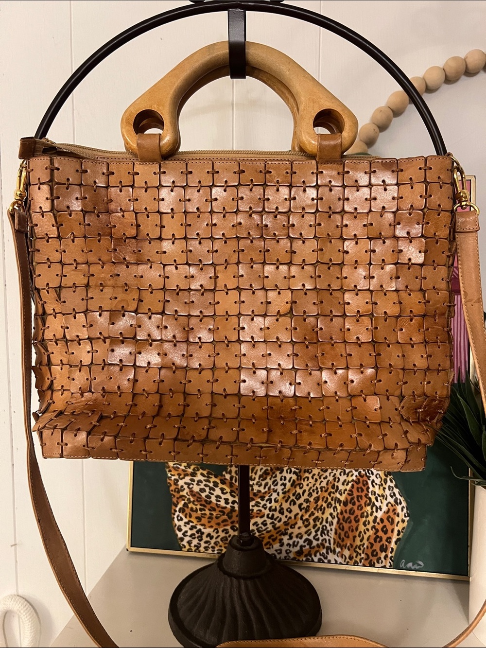 Stitched Leather Squares Shoulder Bag with Wood Handles - Tan